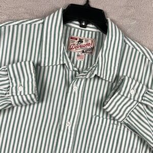 Devium Shirt Mens Large Green Striped Organic Cotton Button Up USA Made Skater